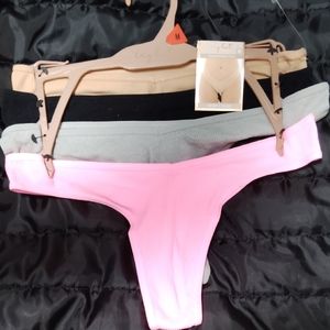 Set of Three Ribbed Thong Panties - Pink, Gray, Black